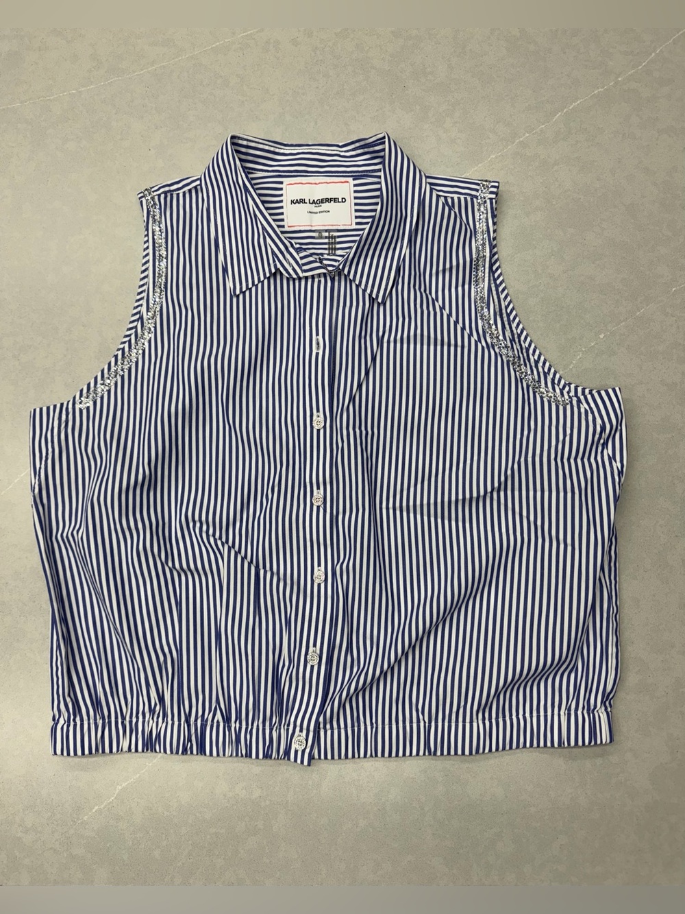 Karl Lagerfeld Blue & White Striped Sleeveless Collared Button-Up